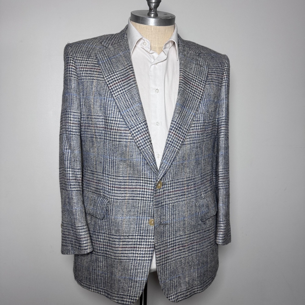 Nordstrom Sport Coat Blazer Mens 42R Blue Grey Plaid Silk Two Button Jacket